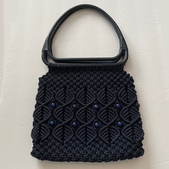 Macramé Crochet Handbag Acrylic Handles BOHO Retro Excellent - Picture 3 of 7